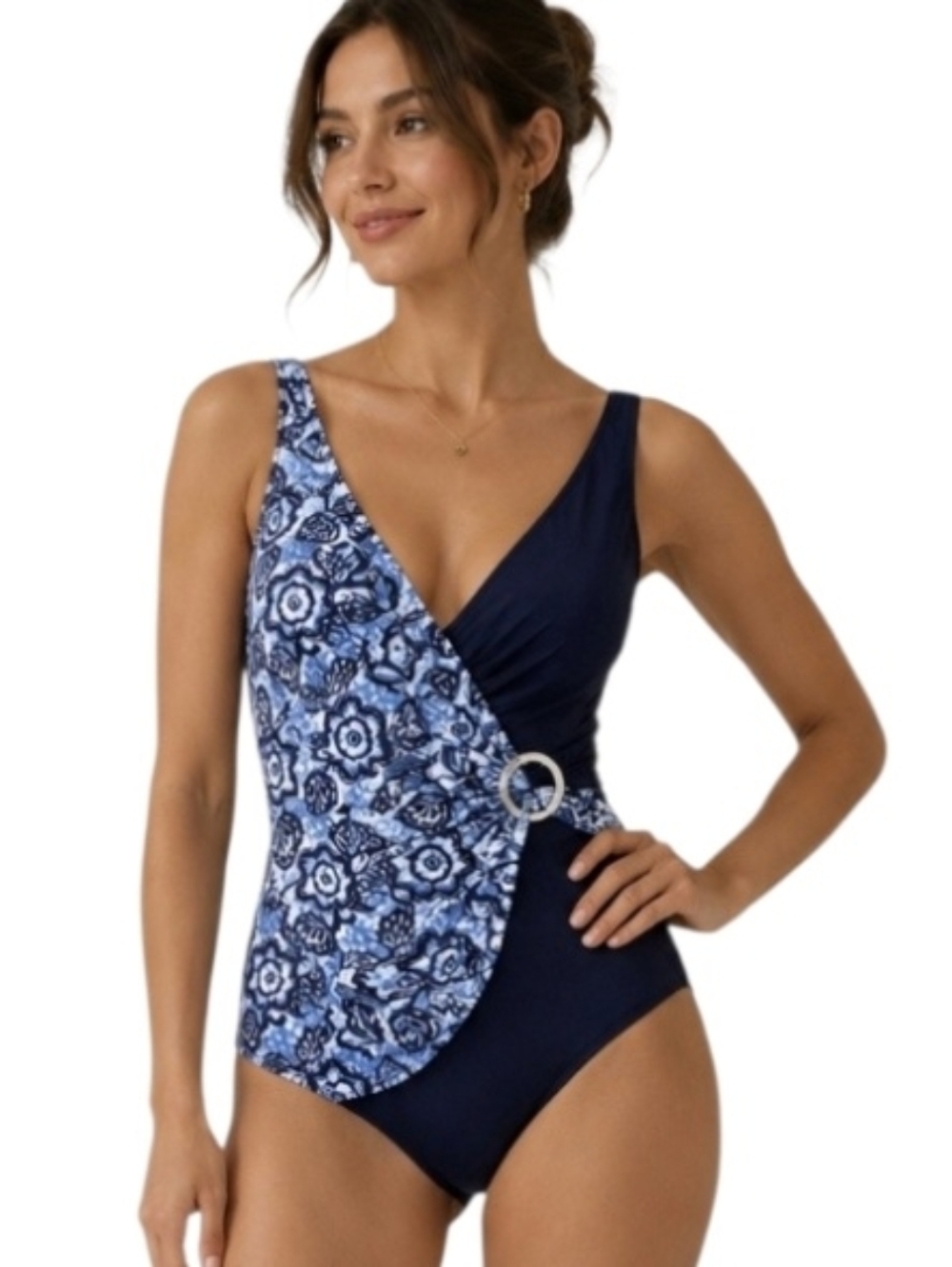 Jantzen One Piece Swimsuit  Navy Blue Floral Surplice Padded Cups 14